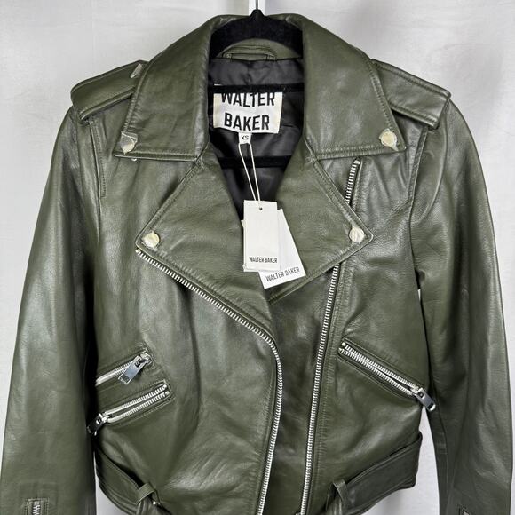 Walter Baker NEW 100% Lamb Leather Olive Biker Full Zip Jacket Ladies XS - Picture 2 of 13